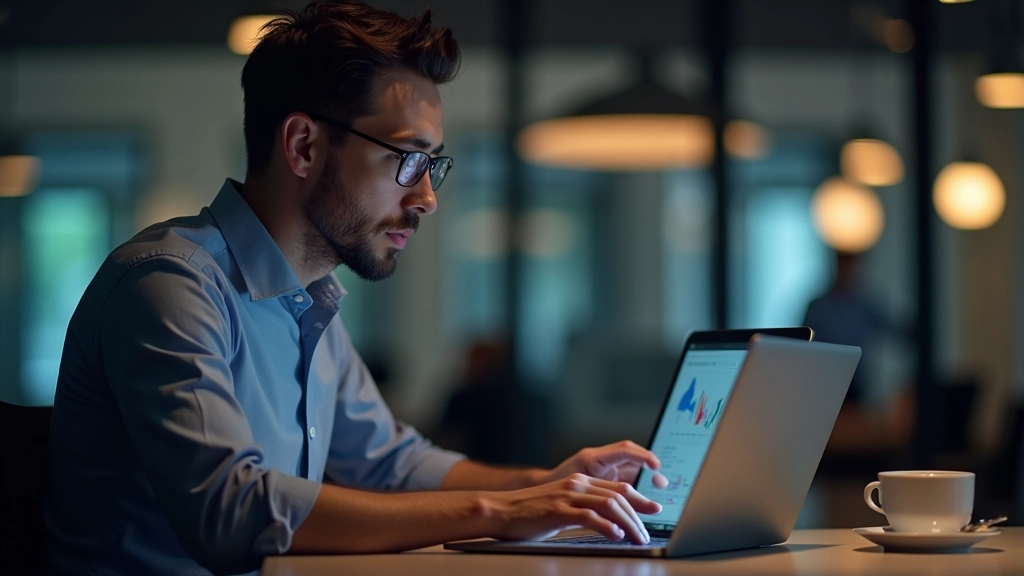 Personne analysant des données sur écran en environnement de bureau moderne