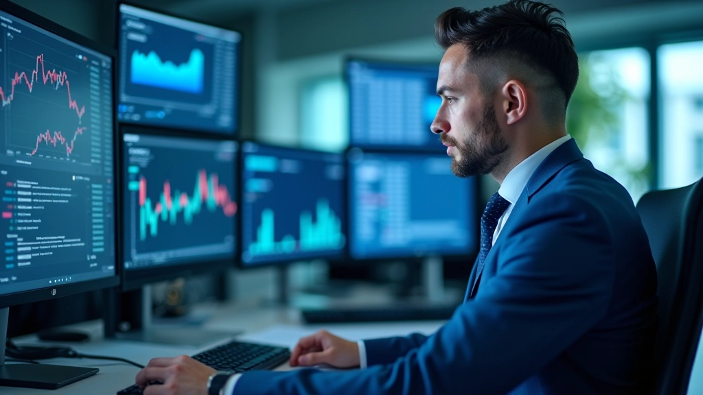 Analyste financier professionnel travaillant avec données de marché dans un environnement de bureau moderne