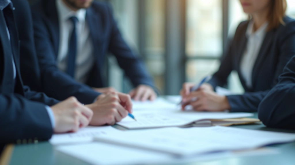 Photographie d'une équipe de régulateurs financiers examinant des documents d'enregistrement de fonds dans un bureau moderne européen